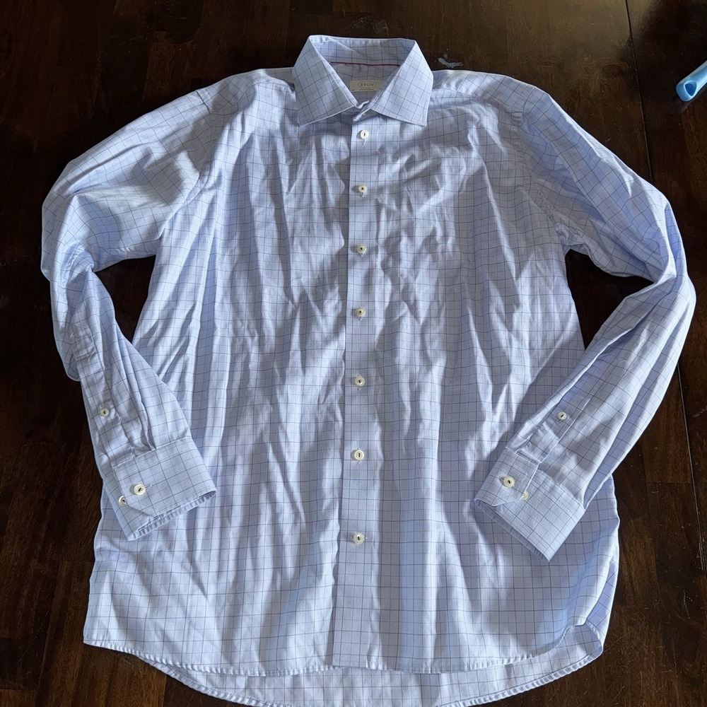Eton Contemporary Shirt Mens 17 Blue Windowpane Plaid Spread Collar